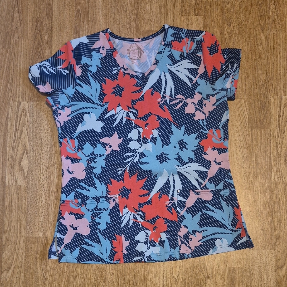 Scrub Top Floral V-Neck Women Blue and Red